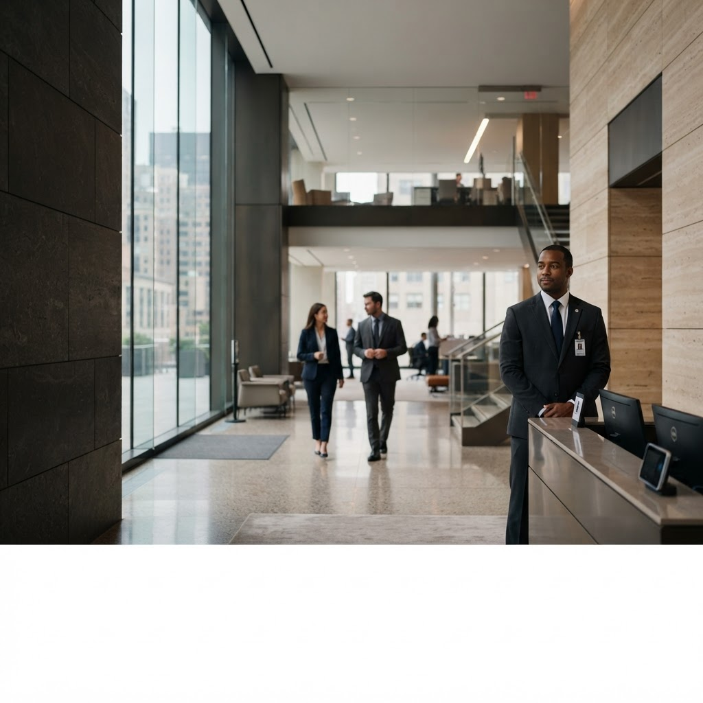 A corporate security professional maintaining a discreet presence as executives move through a modern headquarters lobby.