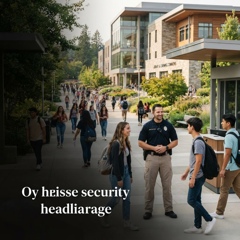 A professional campus security officer greeting visitors and monitoring access at an open education institution.