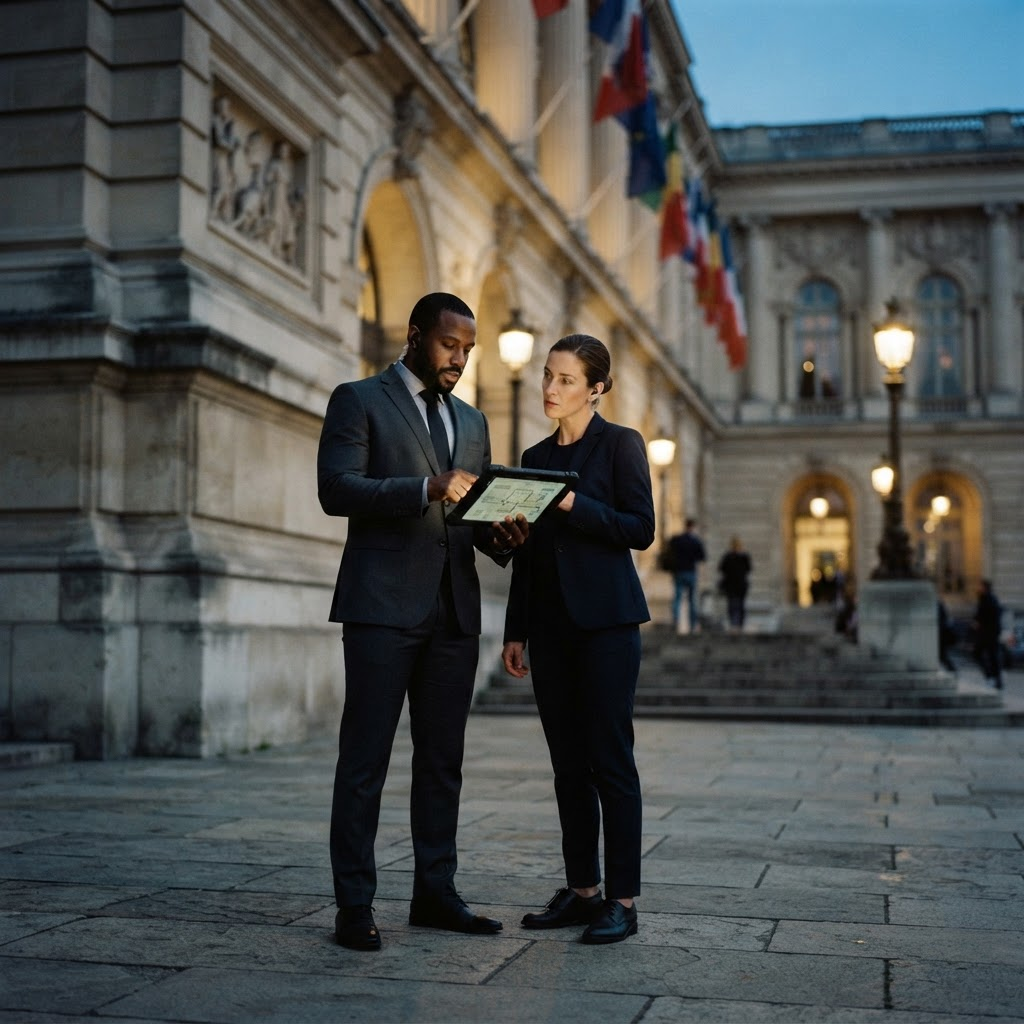 Two protective coordinators reviewing a corporate security plan outside an office building.