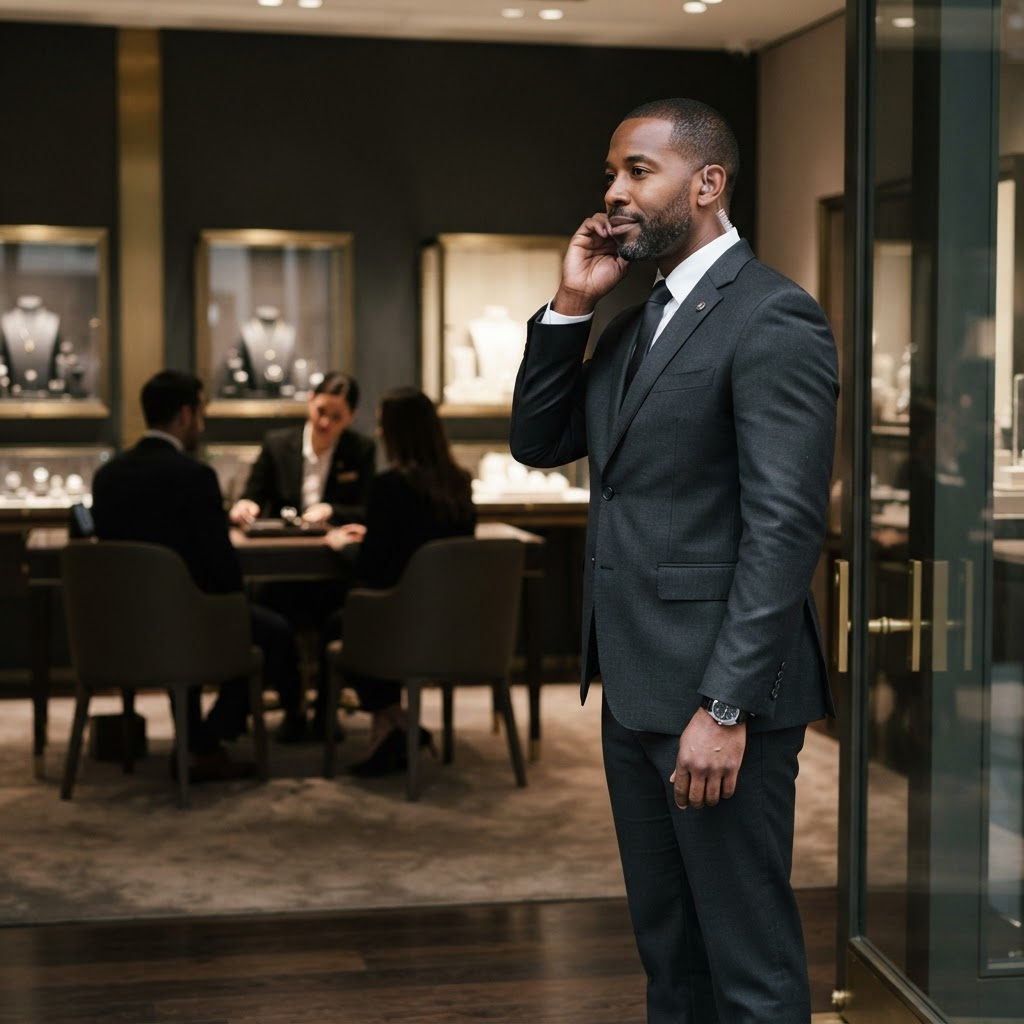 A black-suited security professional coordinating discreet access inside a premium venue.