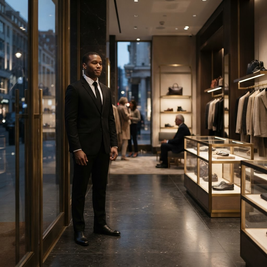 A black-suited security professional maintaining a discreet presence at the entrance of a luxury venue.
