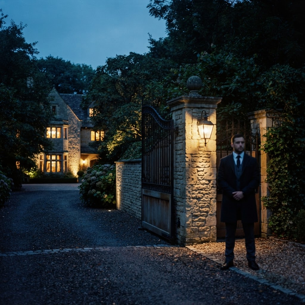 A private residential estate at dusk with discreet, professional protective presence at the entrance.