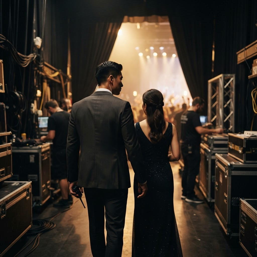 A close-protection agent discreetly coordinating access through a backstage corridor.