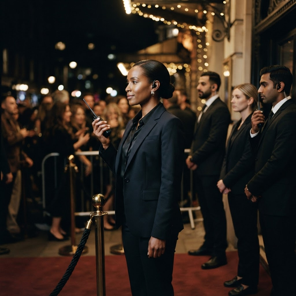 A professional protective detail managing a controlled entrance at a high-profile public event.