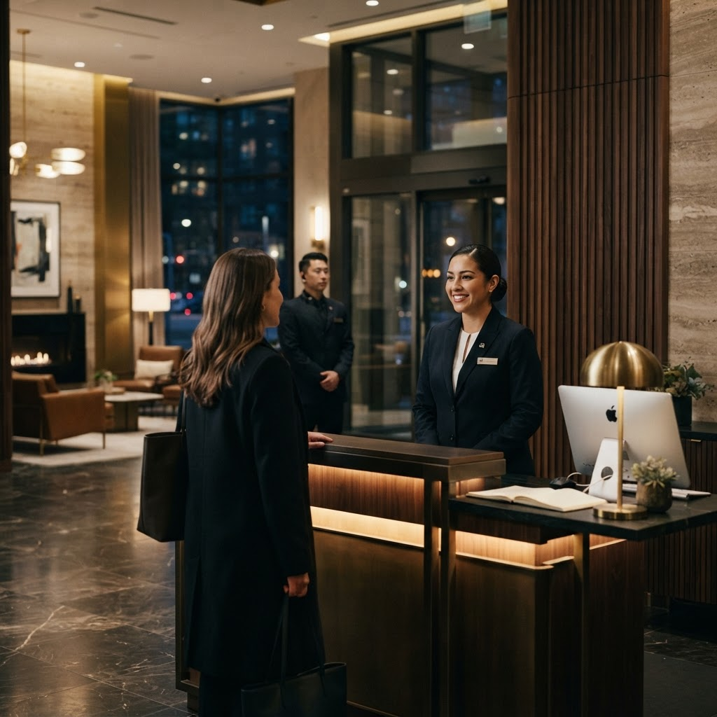 A concierge-security lead welcoming a visitor at the front desk of an upscale commercial lobby.