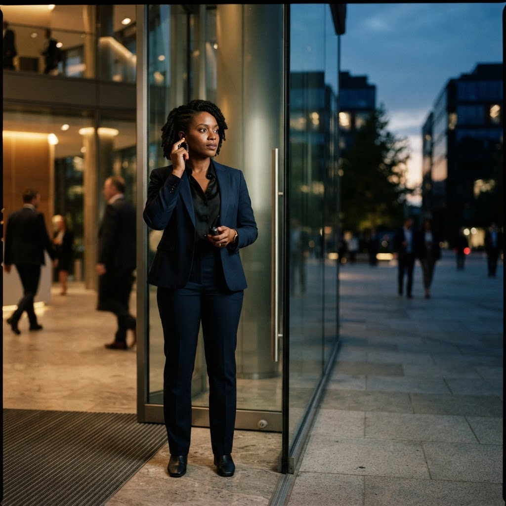 A protective agent coordinating at the entrance of a corporate technology campus.