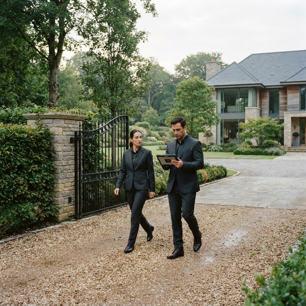 Two estate protection professionals conducting a perimeter walk while reviewing operational information on a secure tablet.