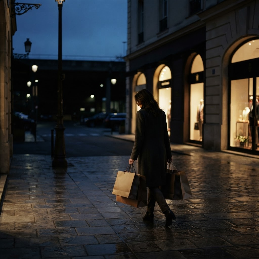 An upscale shopping district at dusk where shoppers carrying luxury goods can be targeted.