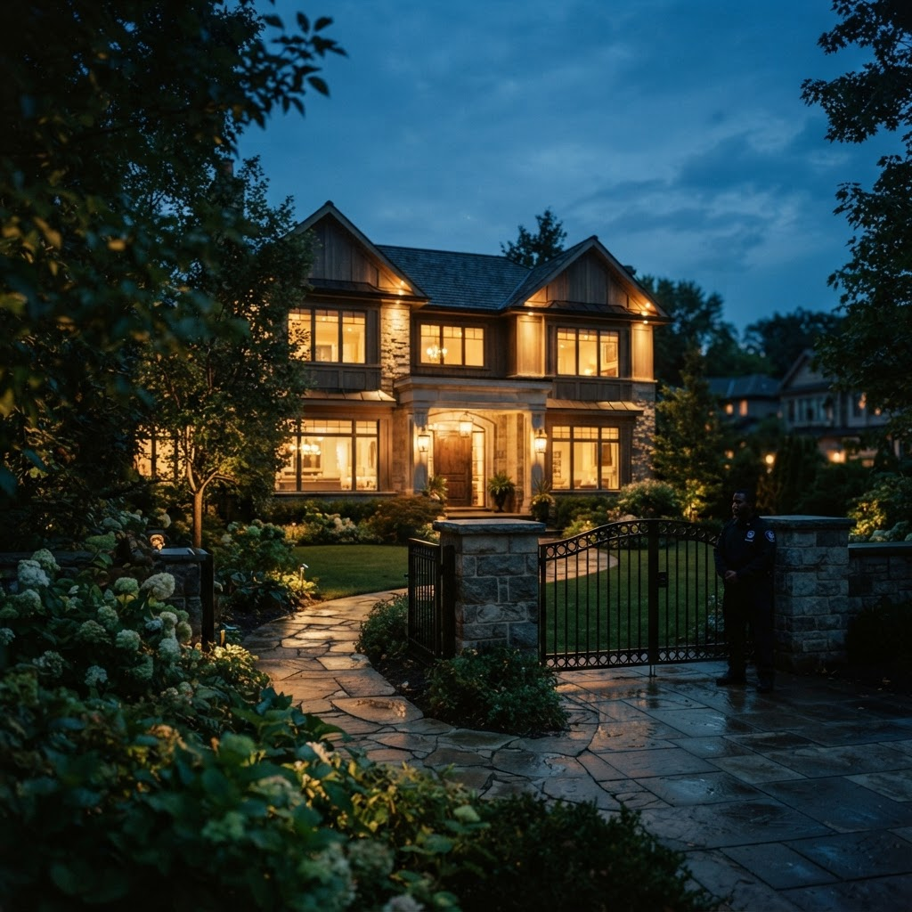 A family residence at dusk protected by a calm, professional security presence.