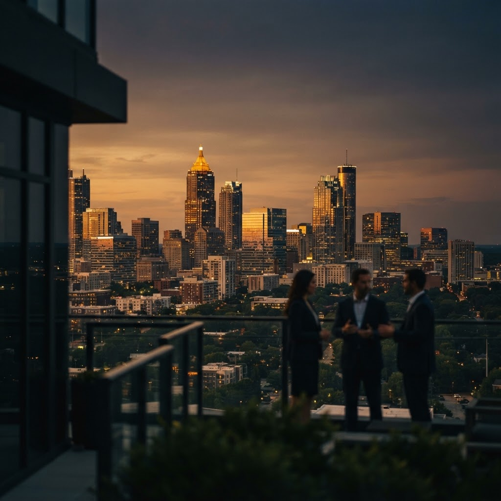 Atlanta skyline at dusk with business leaders gathered in the foreground.