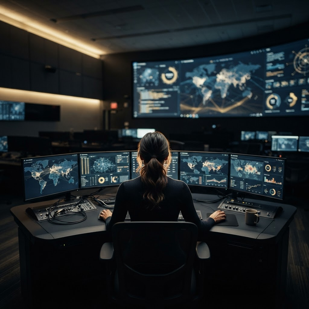 An analyst monitoring live operational data across multiple screens in a security operations center at night.