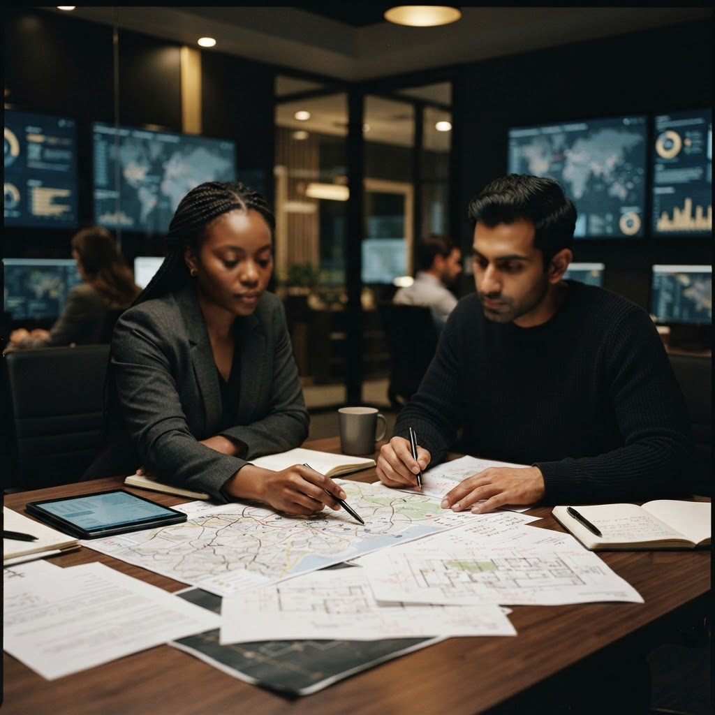 Security analysts reviewing risk assessment documents and building plans in a low-lit operations room.