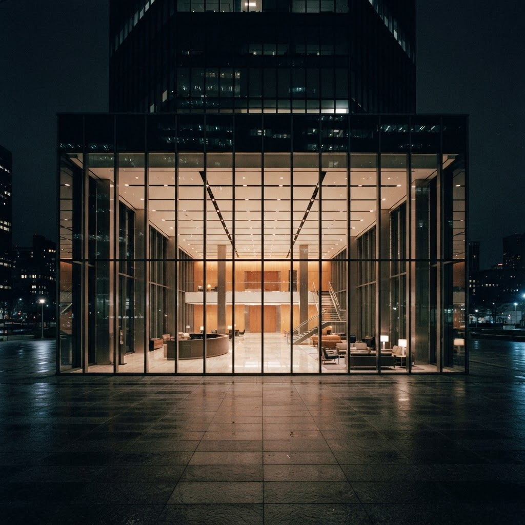 Security officer at the entrance of a modern commercial office building