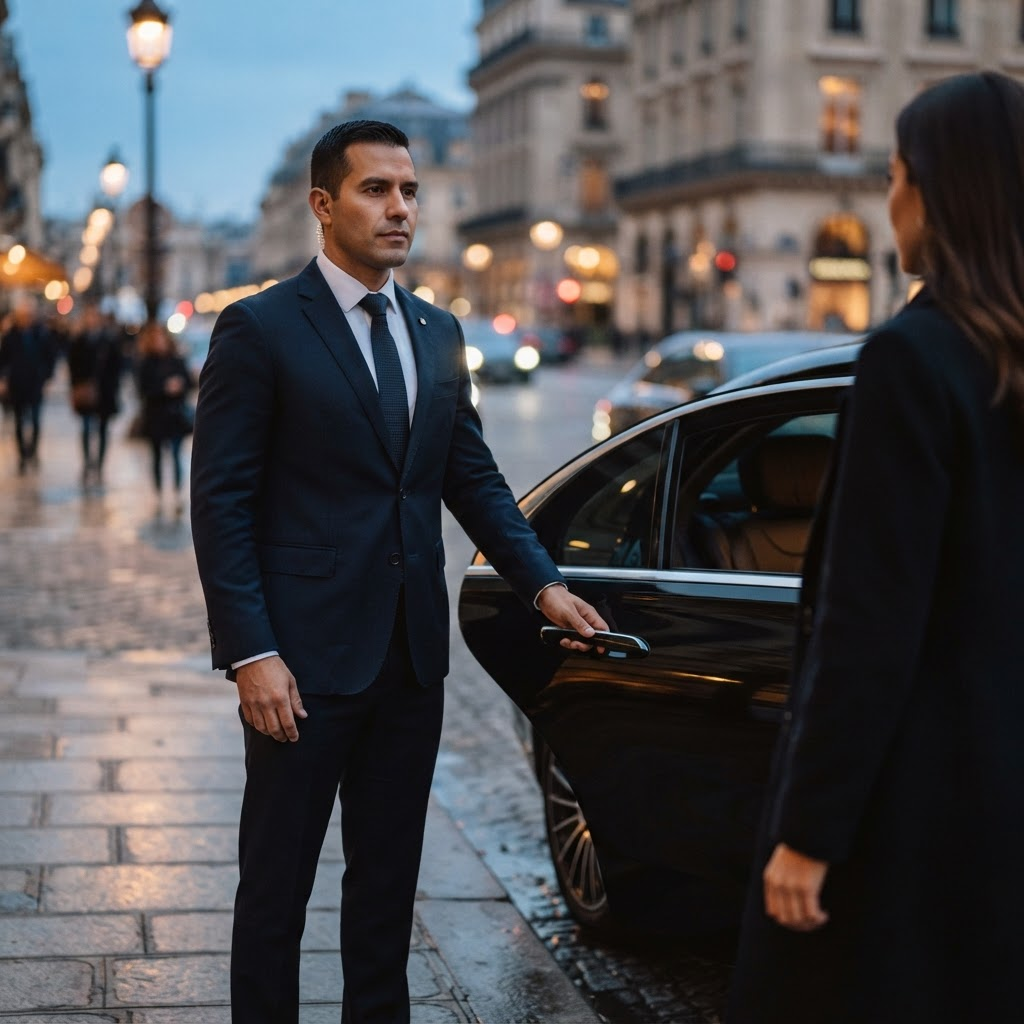 A protective agent discreetly escorting a principal toward a secure vehicle at dusk.