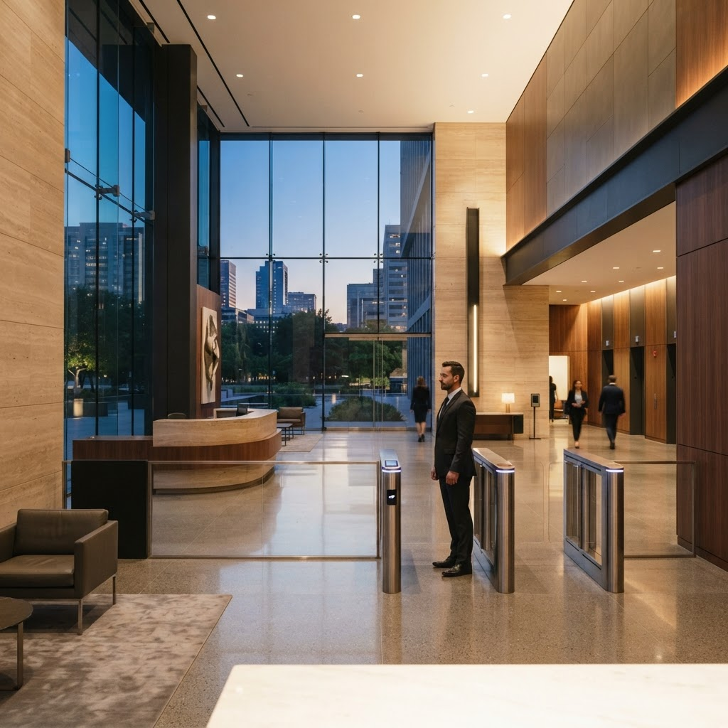 A modern corporate headquarters lobby in the early morning with a discreet security professional near access control.