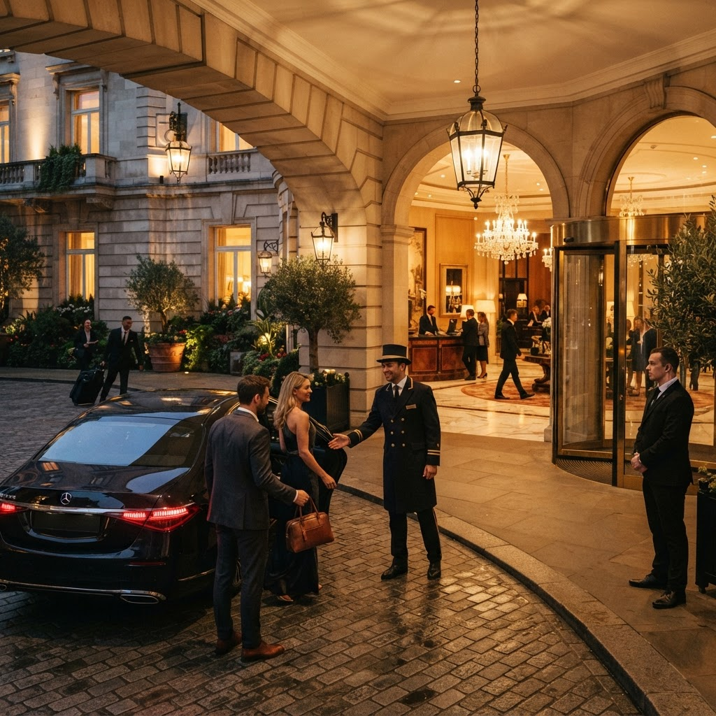 Hawque hospitality security professional greeting guests in a luxury hotel lobby