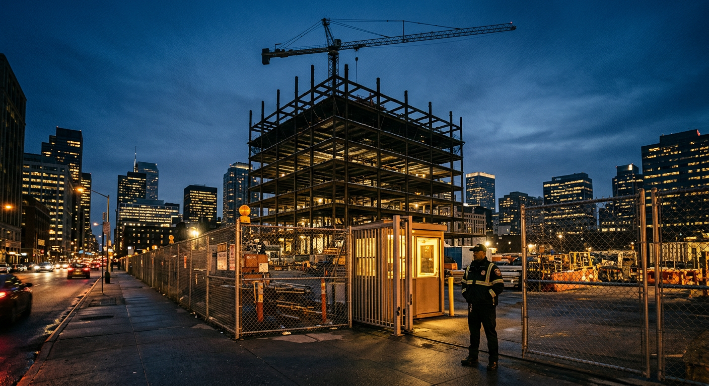 Illustrative image of a construction site at dusk with a tower crane and a lit gate