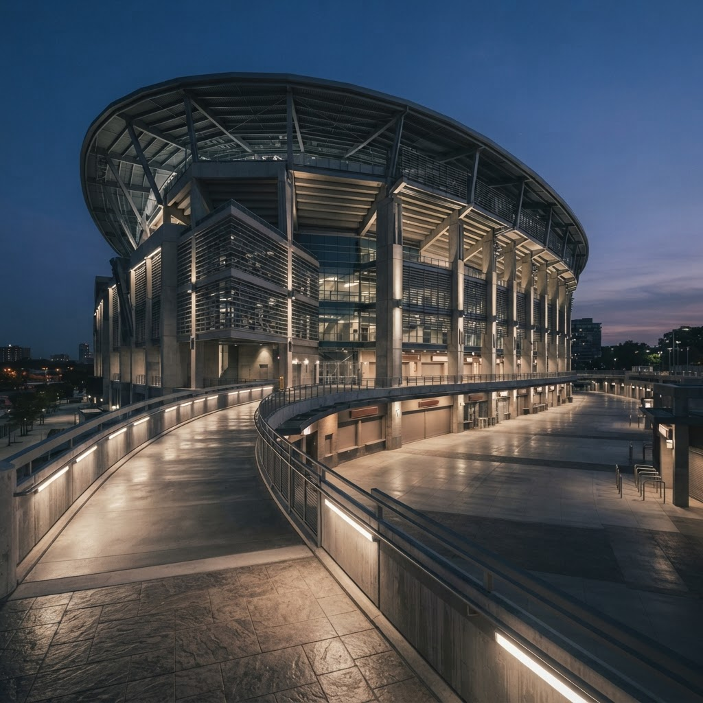 Stadium concourse at night with a protective agent walking ahead of a principal