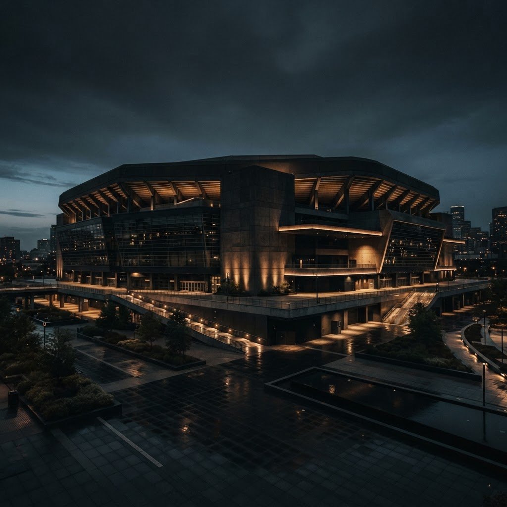 A professional sports arena and its surroundings at dusk