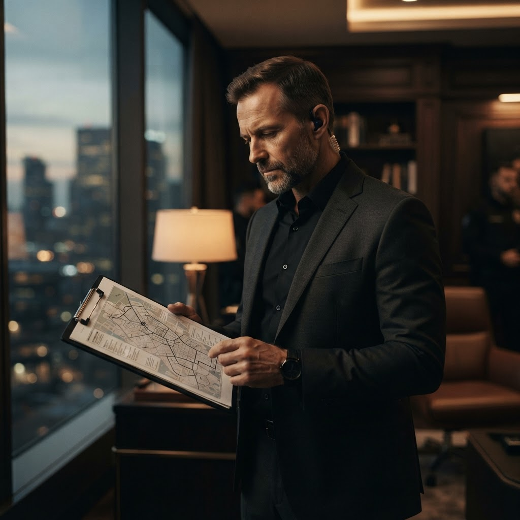 An executive protection detail leader reviewing an operational plan in a low-lit office.