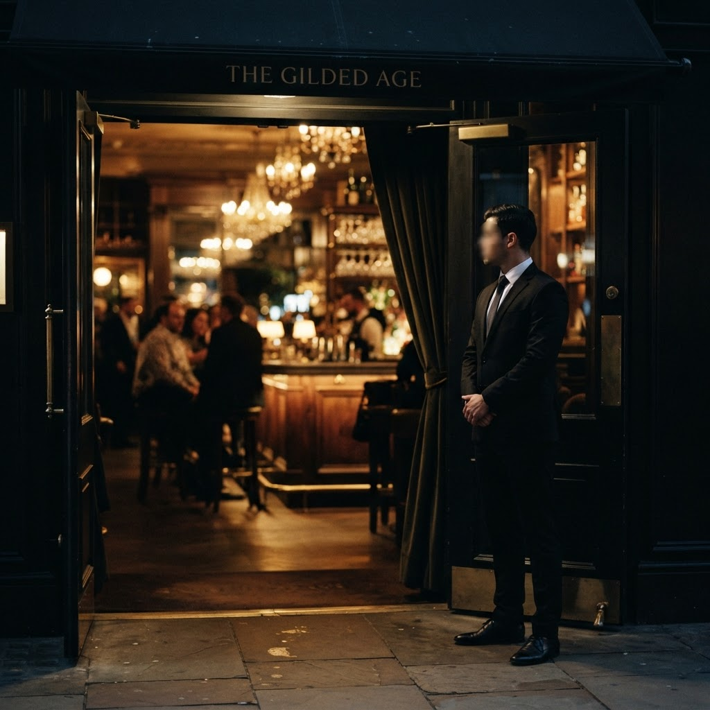 A composed black-suited security professional at the entrance of an upscale evening venue.