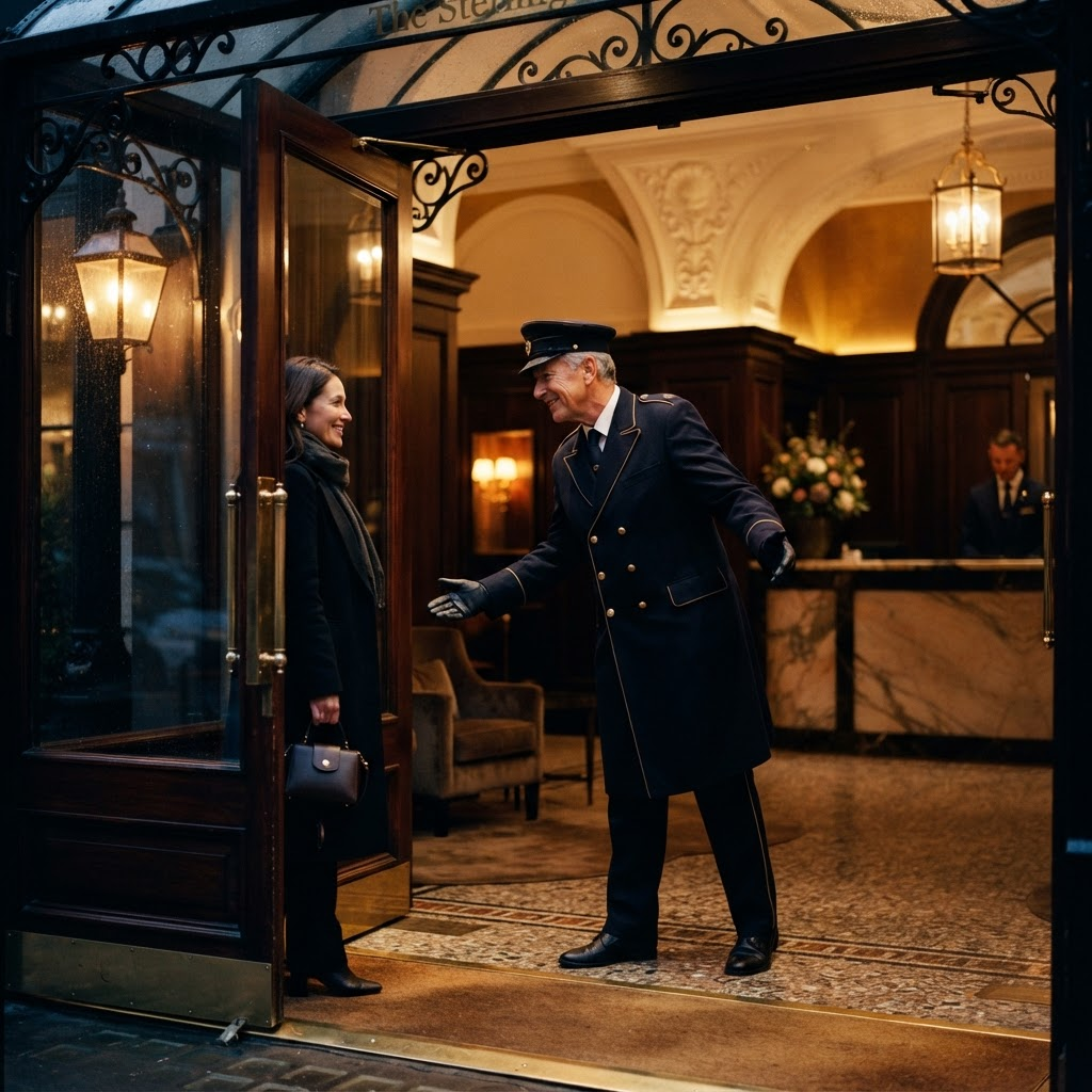 A concierge security professional at the front desk of a luxury residential lobby.