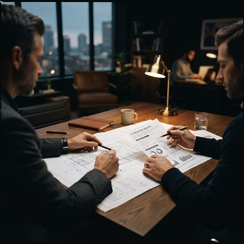 A security consultant reviewing an assessment document in a professional setting.