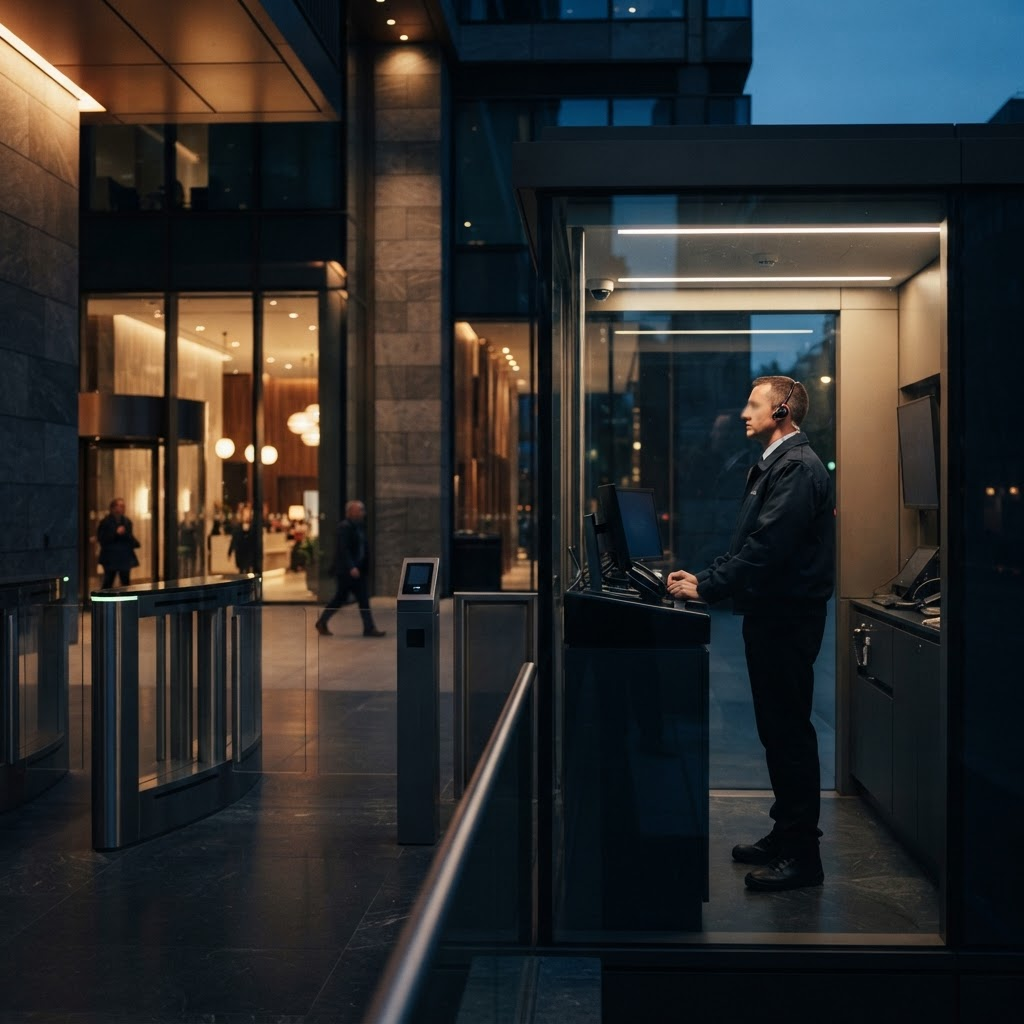 A professional uniformed security officer monitoring a commercial property entrance.