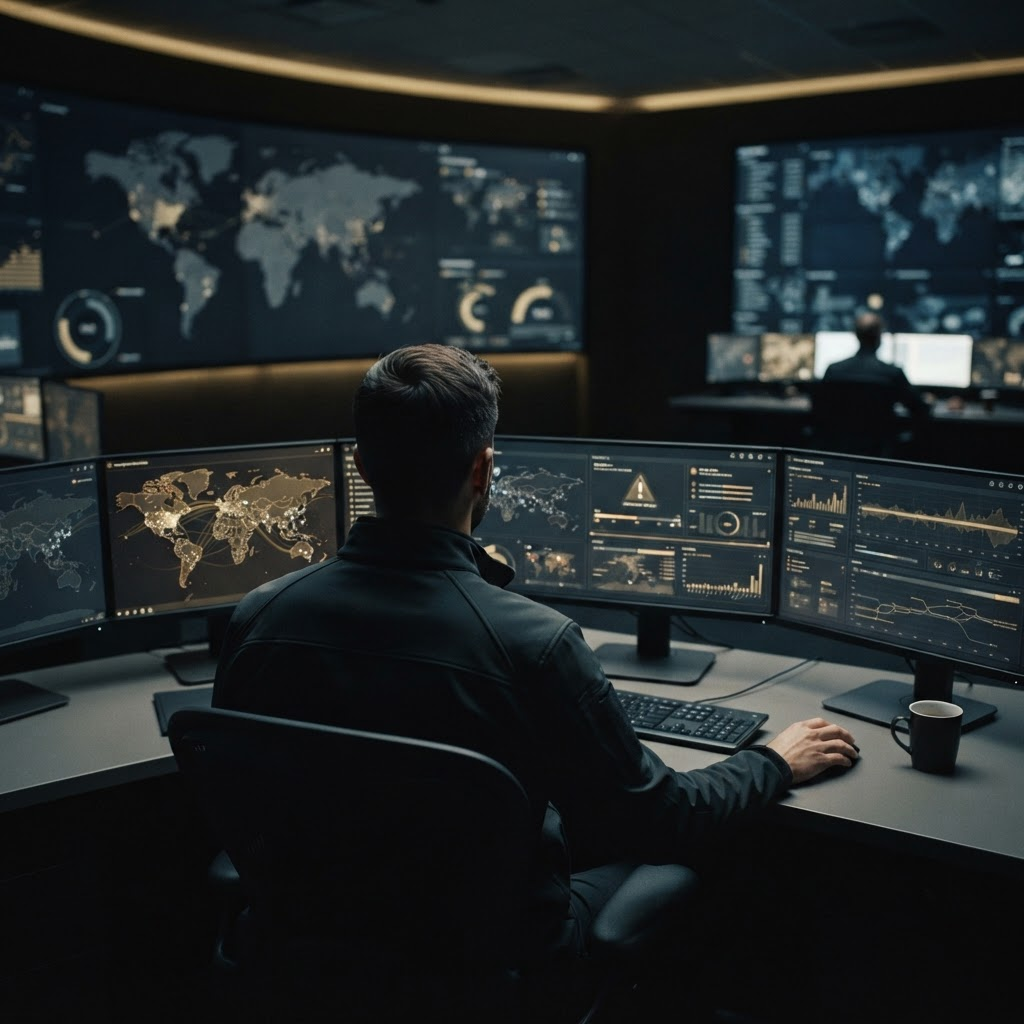 A threat monitoring analyst reviewing digital risk signals on screens.